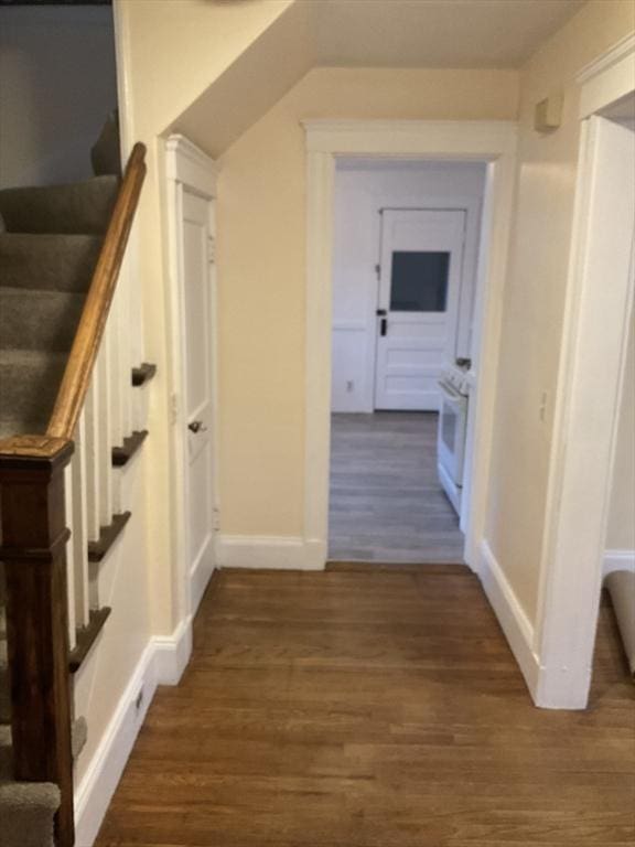 56 Riverview St, Dedham, MA 02026 - hallway featuring stairs, dark wood finished floors, and baseboards