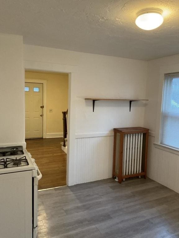 56 Riverview St, Dedham, MA 02026 - kitchen featuring white gas range, wood finished floors, open shelves, and a wainscoted wall