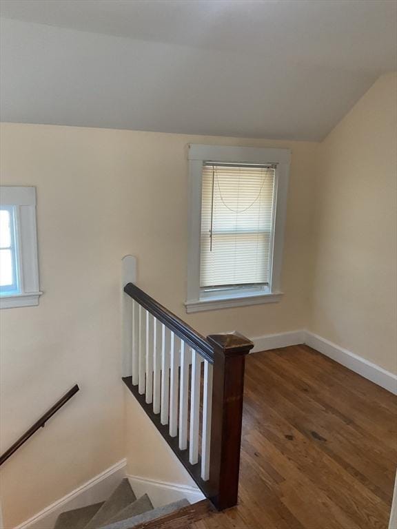 56 Riverview St, Dedham, MA 02026 - stairs with lofted ceiling, baseboards, and wood finished floors