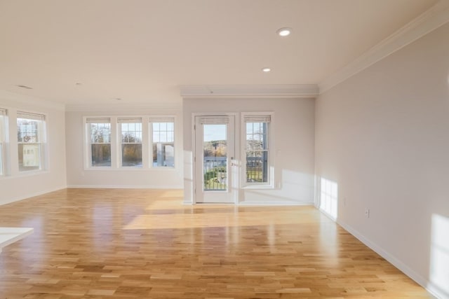 empty room with light hardwood / wood-style floors, a healthy amount of sunlight, and ornamental molding