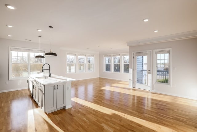 kitchen featuring crown molding, light hardwood / wood-style flooring, pendant lighting, sink, and a kitchen island with sink