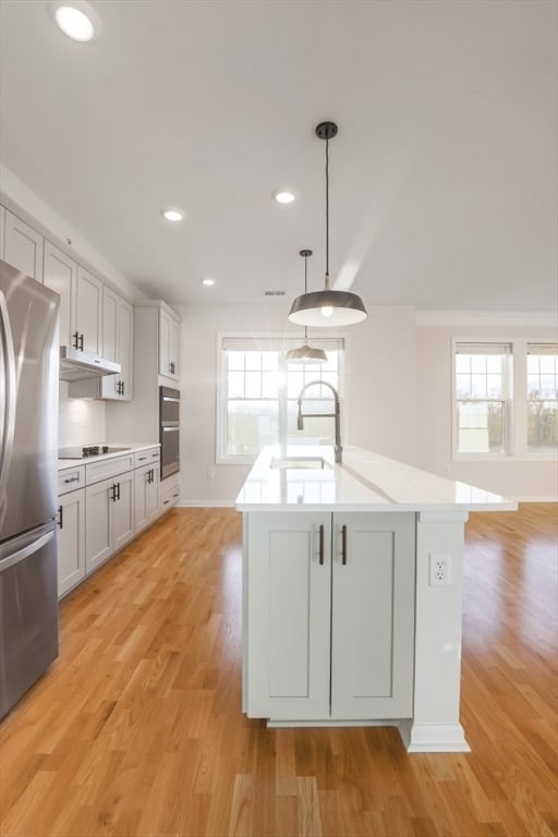 kitchen with stainless steel appliances, light wood-type flooring, decorative light fixtures, sink, and a kitchen island with sink