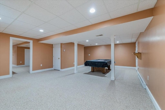 rec room featuring a drop ceiling, a baseboard heating unit, light carpet, and billiards