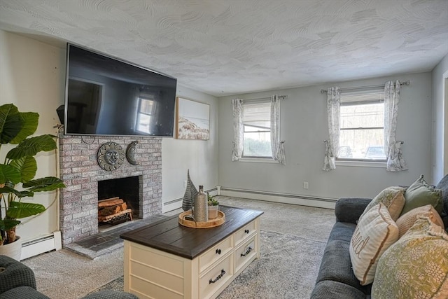 carpeted living room featuring a brick fireplace, baseboard heating, and a textured ceiling