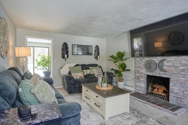 living room with a brick fireplace, light colored carpet, and baseboard heating