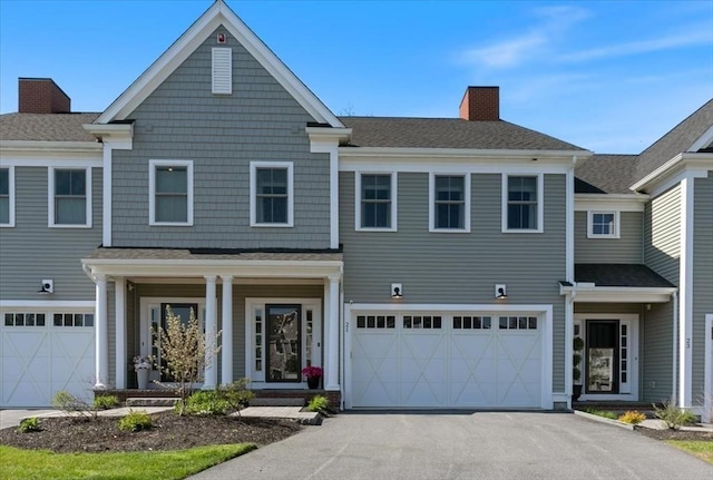 21 Bailey Pond Ln Unit 21, Amesbury, MA 01913 - view of front of house with asphalt driveway, a chimney, an attached garage, a porch, and roof with shingles