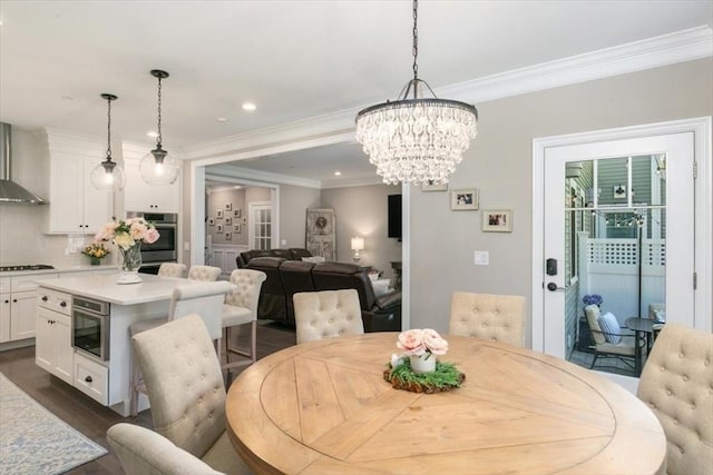 21 Bailey Pond Ln Unit 21, Amesbury, MA 01913 - dining room with a chandelier, ornamental molding, dark wood-style floors, and recessed lighting