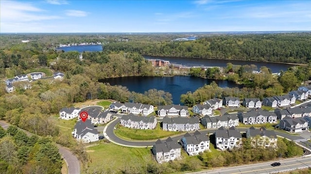 21 Bailey Pond Ln Unit 21, Amesbury, MA 01913 - aerial view of property and surrounding area with a heavily wooded area and a nearby body of water