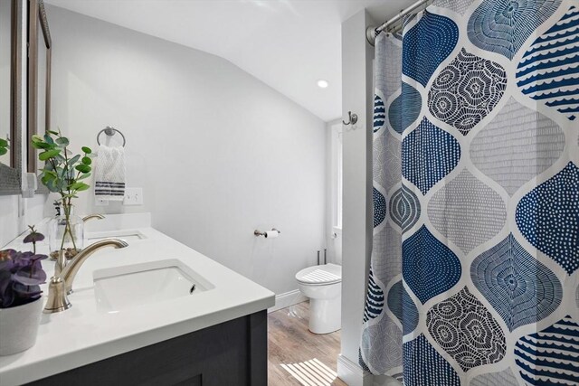 2 Woodbrier Rd, Topsfield, MA 01983 - bathroom featuring toilet, vaulted ceiling, wood finished floors, double vanity, and a shower with curtain