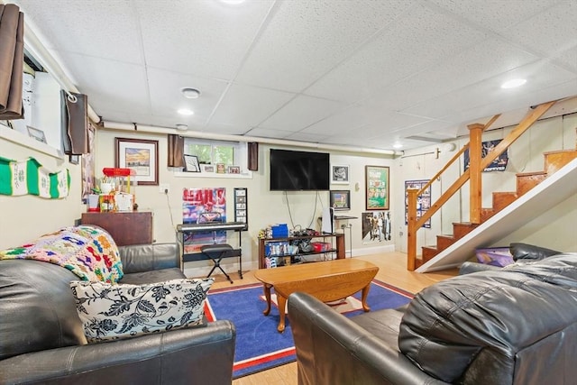 2 Woodbrier Rd, Topsfield, MA 01983 - living area featuring a drop ceiling, light wood-type flooring, stairway, recessed lighting, and baseboards