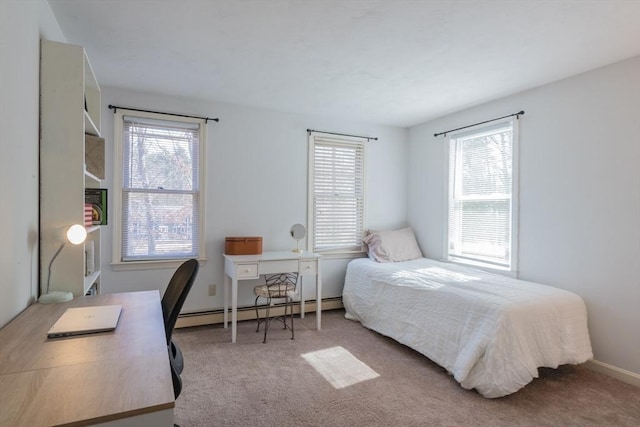 bedroom with multiple windows, carpet, and a baseboard radiator