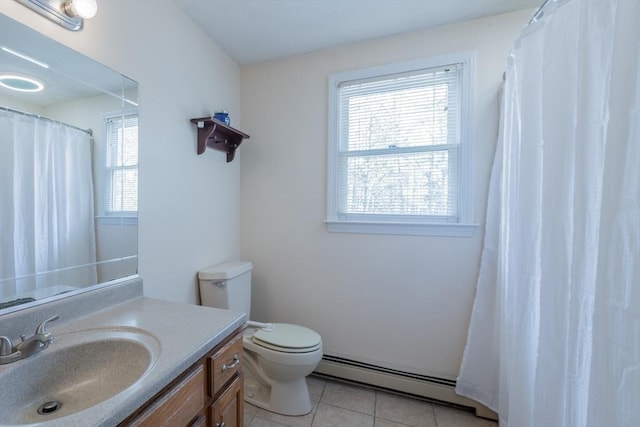 full bathroom with vanity, a shower with curtain, a baseboard radiator, tile patterned flooring, and toilet