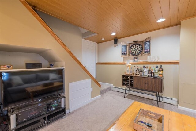 interior space featuring carpet, a baseboard radiator, recessed lighting, stairs, and wood ceiling