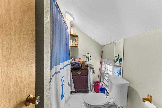 full bathroom with lofted ceiling and toilet