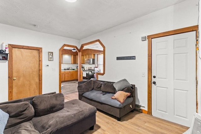 living room featuring light wood-type flooring and arched walkways