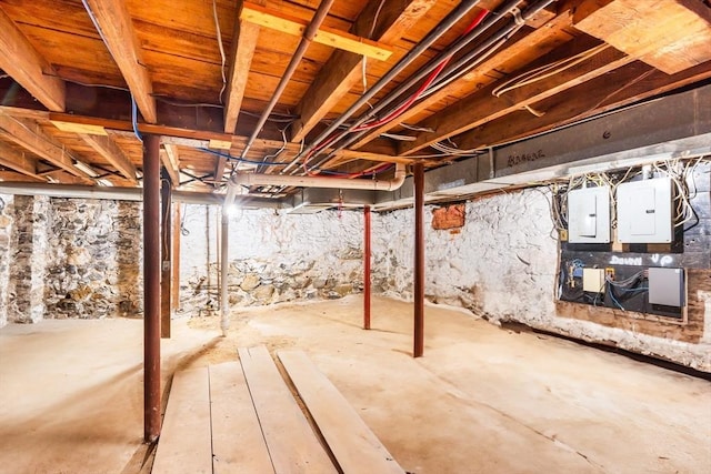 unfinished basement featuring electric panel