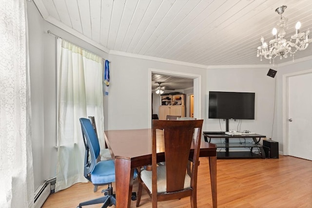 dining room featuring a baseboard radiator, a chandelier, light wood-style floors, wood ceiling, and crown molding