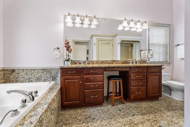 bathroom with toilet, a bath, a shower, and vanity