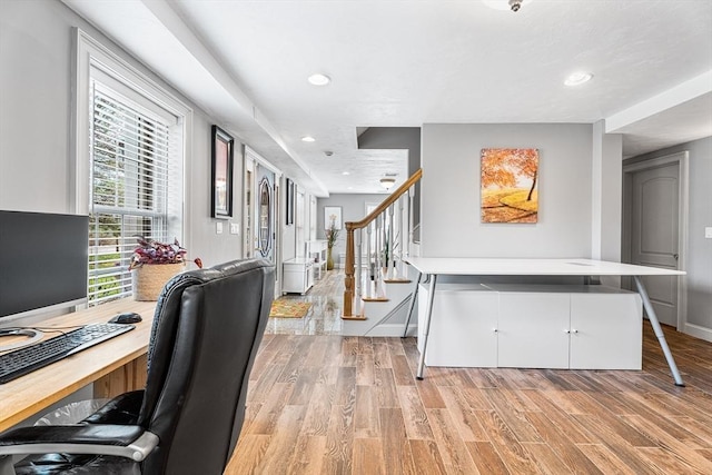 office with baseboards, recessed lighting, and light wood-style floors