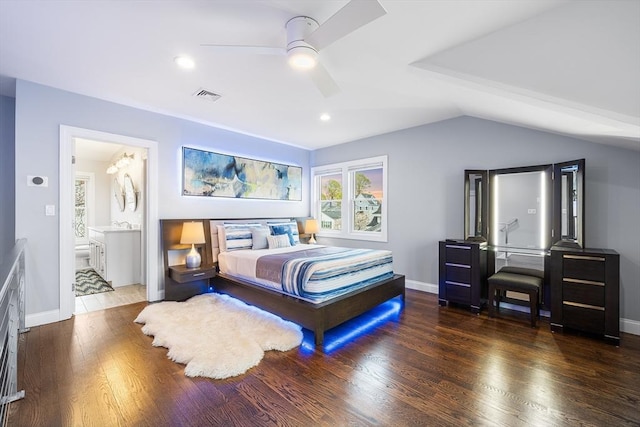 131 Dorchester St Unit 131, Quincy, MA 02171 - bedroom with wood finished floors, baseboards, a ceiling fan, ensuite bathroom, and lofted ceiling