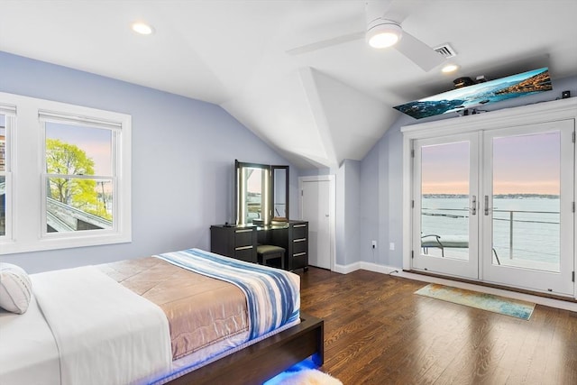 131 Dorchester St Unit 131, Quincy, MA 02171 - bedroom featuring access to outside, vaulted ceiling, dark wood-type flooring, ceiling fan, and french doors
