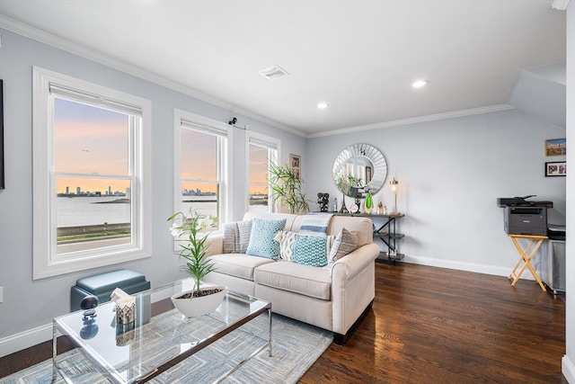 131 Dorchester St Unit 131, Quincy, MA 02171 - living room with dark wood finished floors, baseboards, ornamental molding, and recessed lighting