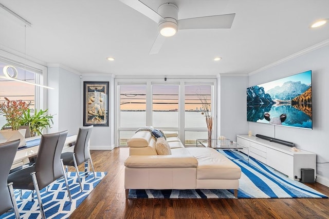 131 Dorchester St Unit 131, Quincy, MA 02171 - living area with ornamental molding, baseboards, wood finished floors, recessed lighting, and a ceiling fan