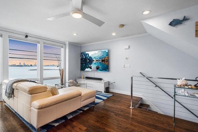 131 Dorchester St Unit 131, Quincy, MA 02171 - living room with wood finished floors, baseboards, recessed lighting, ornamental molding, and a ceiling fan