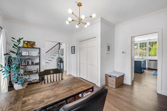 1 Webster Ln, Wilbraham, MA 01095 - dining space featuring a chandelier, ornamental molding, wood finished floors, stairway, and baseboards