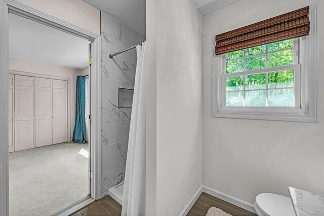 1 Webster Ln, Wilbraham, MA 01095 - bathroom with toilet, a shower with shower curtain, and baseboards