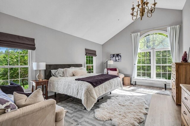 1 Webster Ln, Wilbraham, MA 01095 - bedroom with a chandelier, high vaulted ceiling, and wood finished floors