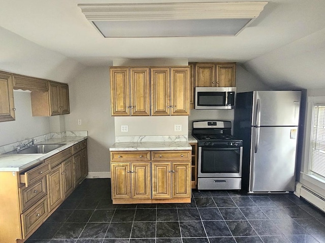 kitchen with a baseboard radiator, a sink, stainless steel appliances, light countertops, and brown cabinets