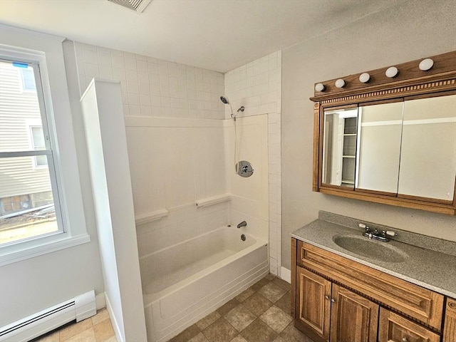 full bath featuring a baseboard heating unit, vanity, baseboards, and shower / bathtub combination