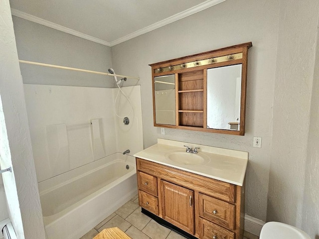 full bathroom with ornamental molding, a baseboard heating unit, shower / washtub combination, tile patterned flooring, and vanity