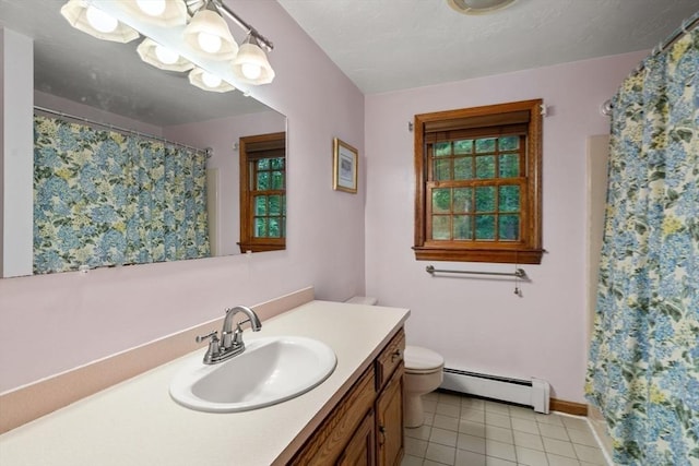 23 Lafayette Dr, Walpole, MA 02032 - full bath with baseboard heating, vanity, tile patterned floors, and a shower with curtain
