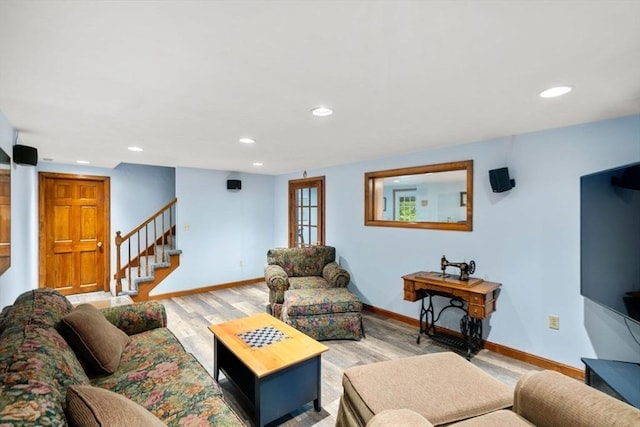23 Lafayette Dr, Walpole, MA 02032 - living area featuring stairs, wood finished floors, and recessed lighting