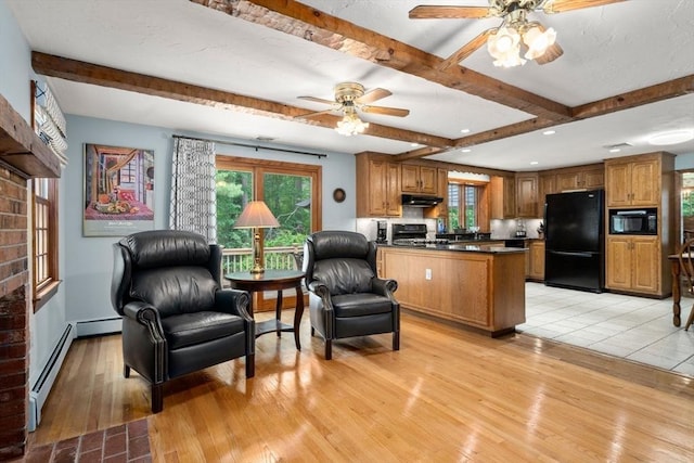 23 Lafayette Dr, Walpole, MA 02032 - living room with a ceiling fan, beamed ceiling, light wood finished floors, baseboard heating, and recessed lighting