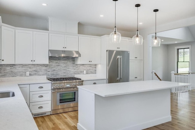 92 Whiffletree Ave, Brewster, MA 02631 - kitchen with high end appliances, under cabinet range hood, tasteful backsplash, light wood-style floors, and white cabinetry