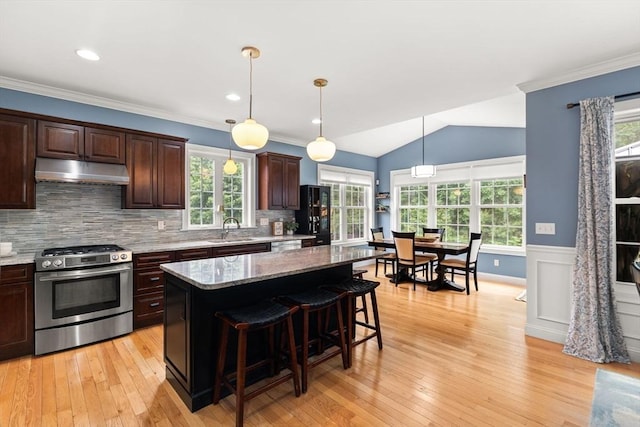6 Jacoby Way, Seekonk, MA 02771 - kitchen featuring stainless steel range with gas cooktop, under cabinet range hood, a breakfast bar area, light wood-type flooring, and backsplash