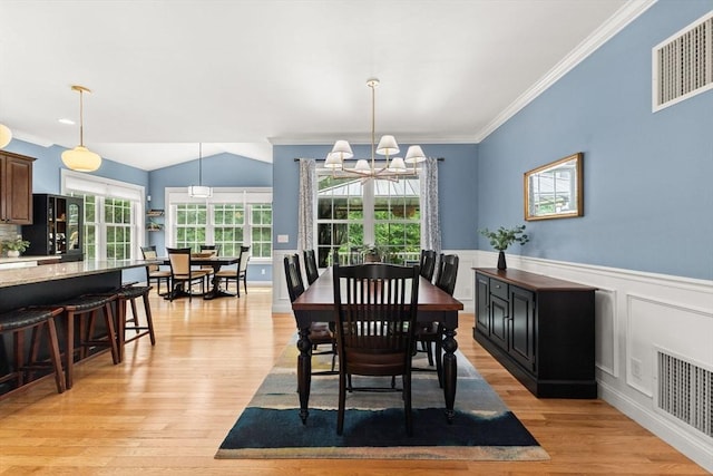 6 Jacoby Way, Seekonk, MA 02771 - dining room with ornamental molding, light wood-style floors, a chandelier, and a wainscoted wall