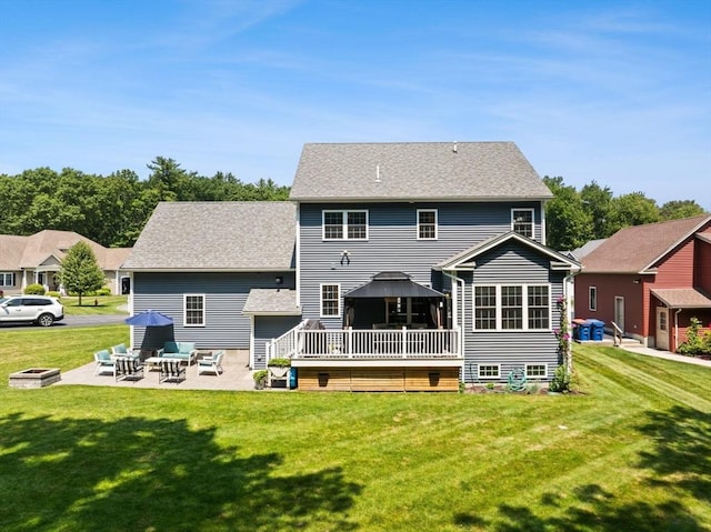 6 Jacoby Way, Seekonk, MA 02771 - rear view of property featuring a patio area, a lawn, a fire pit, a wooden deck, and a shingled roof