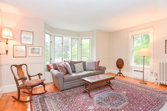 37 Pemberton Rd, Wayland, MA 01778 - living area featuring radiator, wood finished floors, plenty of natural light, and a wall mounted AC