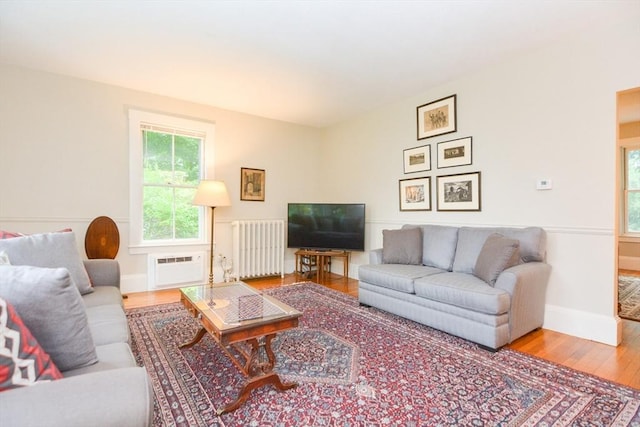 37 Pemberton Rd, Wayland, MA 01778 - living room featuring radiator heating unit, wood finished floors, plenty of natural light, and a wall mounted air conditioner