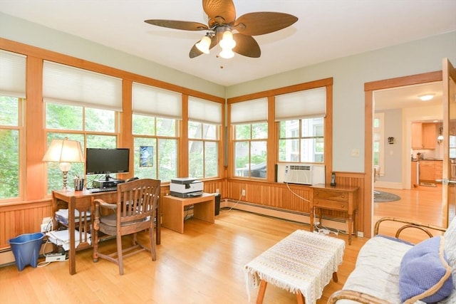 37 Pemberton Rd, Wayland, MA 01778 - home office featuring a wainscoted wall, wood finished floors, ceiling fan, cooling unit, and wood walls