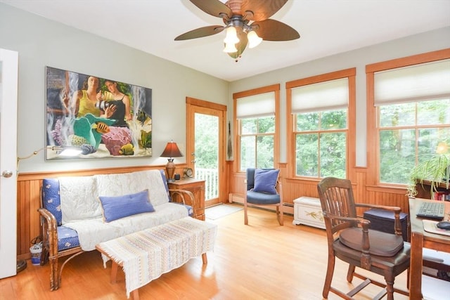 37 Pemberton Rd, Wayland, MA 01778 - sitting room featuring a ceiling fan, wainscoting, and wood finished floors
