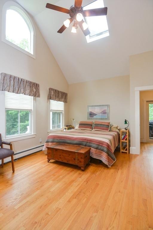37 Pemberton Rd, Wayland, MA 01778 - bedroom with high vaulted ceiling, multiple windows, wood finished floors, a skylight, and baseboard heating