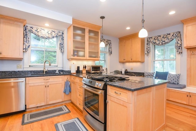 37 Pemberton Rd, Wayland, MA 01778 - kitchen featuring appliances with stainless steel finishes, light brown cabinetry, plenty of natural light, and recessed lighting