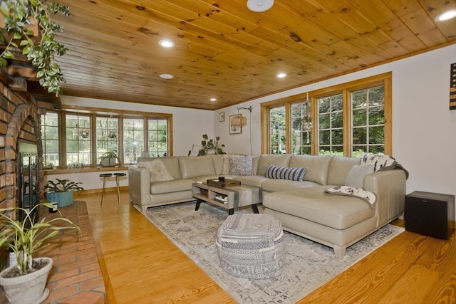 60 Daniel Shays Hwy, Pelham, MA 01002 - living room with wood ceiling, wood finished floors, and recessed lighting