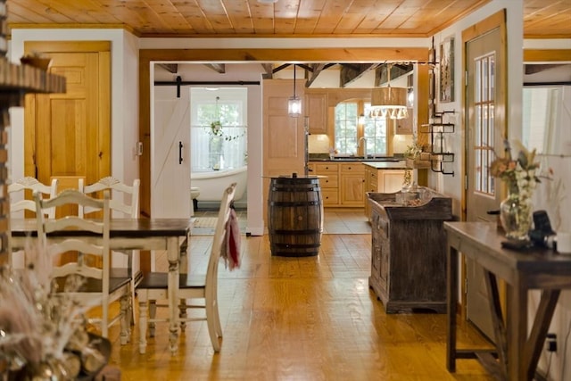 60 Daniel Shays Hwy, Pelham, MA 01002 - dining area with crown molding, plenty of natural light, wooden ceiling, and light wood-style floors