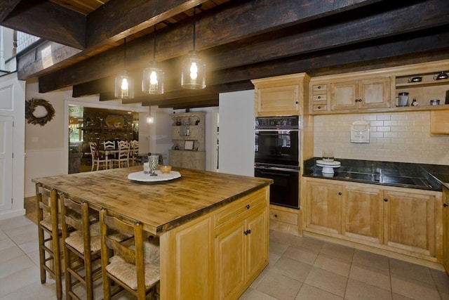 60 Daniel Shays Hwy, Pelham, MA 01002 - kitchen featuring open shelves, butcher block counters, light tile patterned floors, decorative backsplash, and a kitchen island